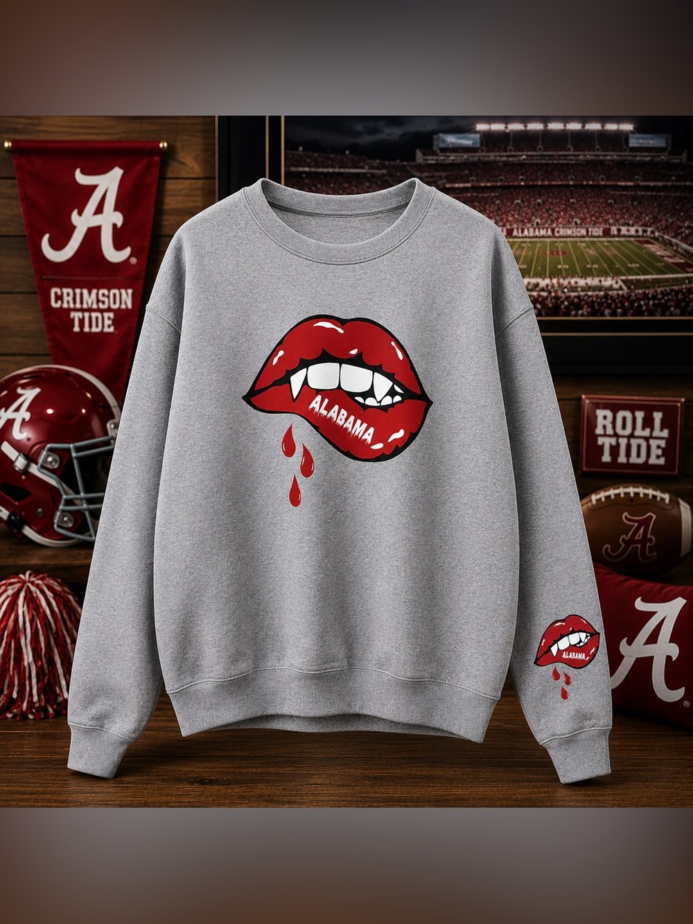 Gray Alabama Sweatshirt with Red Graphic Lips - Roll Tide